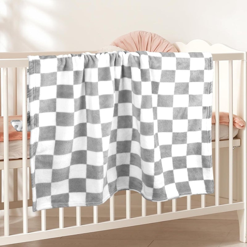 GreatBba Plush Checkered Baby Blanket for Boys Girls Nursery, 30"*40" Warm Short Fleece Blanket Neutral for Infant Newborn, Small Fuzzy for Sleeping, Chenille or Stroller (Gray&White) - Image 3